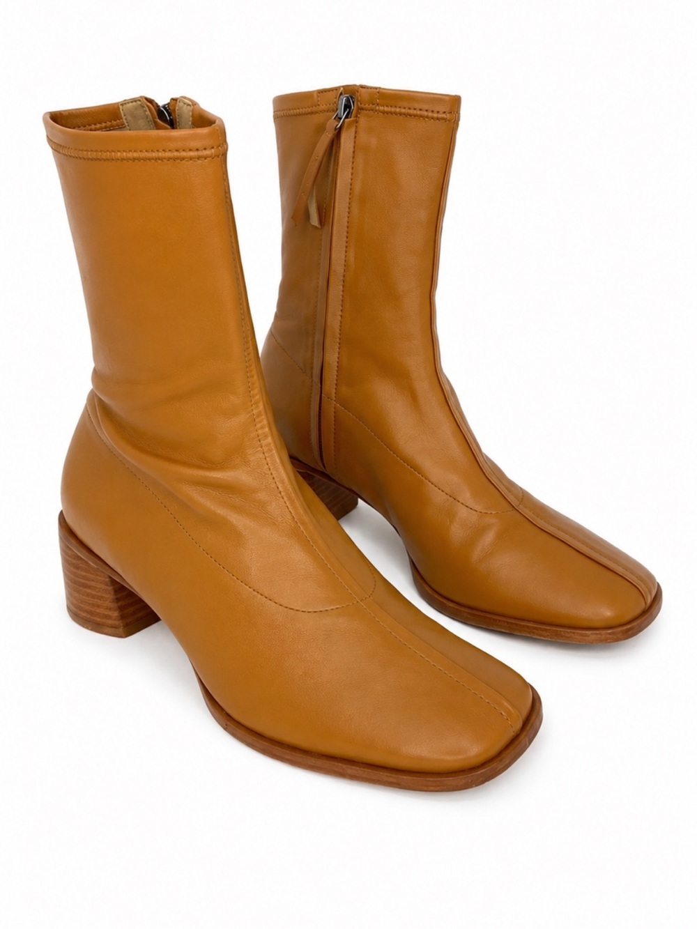 Reformation Louie Stretch Sock Boots Nutmeg Camel Leather Square Toe Size 6 EUC!
